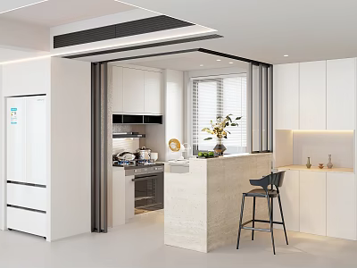 Modern Open Concept Kitchen With White Cabinets Island Counter Bar Stool And Appliances 3d model
