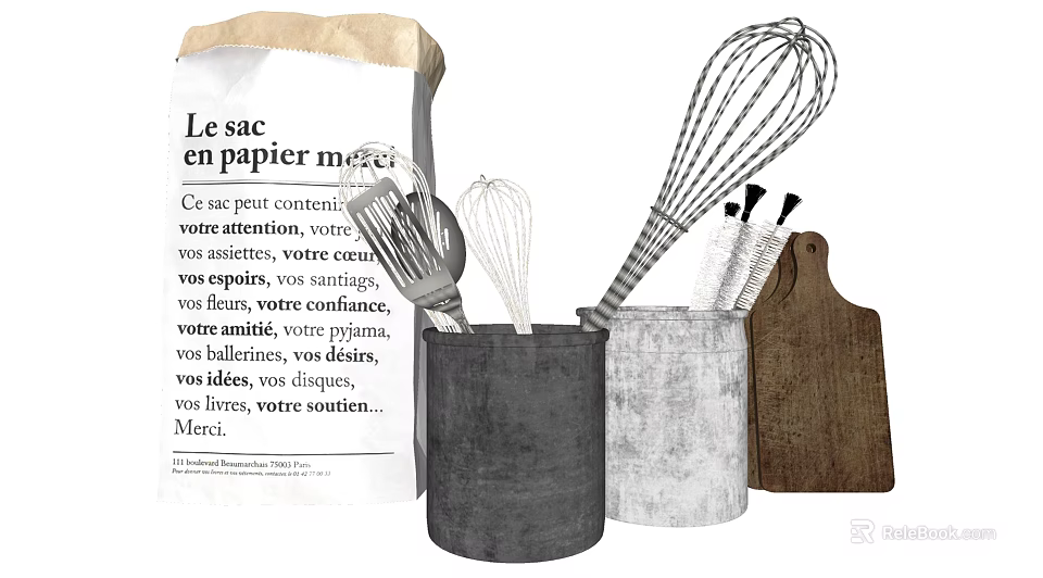 Kitchen Utensils Set With Metal Whisk Wooden Cutting Board And Concrete Storage Jars 3d model 