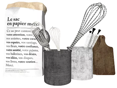 Kitchen Utensils Set With Metal Whisk Wooden Cutting Board And Concrete Storage Jars 3d model