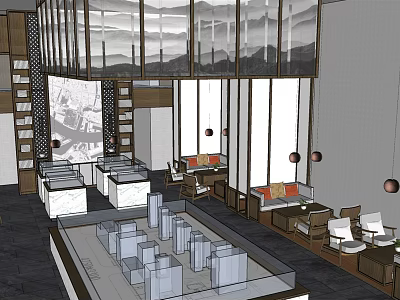 Elegant Sales Office Interior With Model Display Sofa Seating And Pendant Lights 3d model