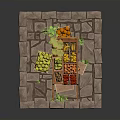 Wooden Fruit Cart Loaded with Fresh Fruits Vegetables and Green Plants on Stone Slab