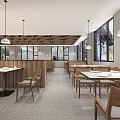 Modern Restaurant Interior With Wooden Tables Hanging Lights Open Counter And Warm Ambiance