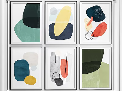 Modern Abstract Wall Art Six Panel Design With Geometric Shapes And Vibrant Colors 3d model