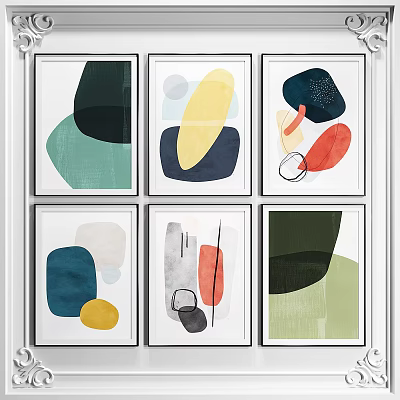 Modern Abstract Wall Art Six Panel Design With Geometric Shapes And Vibrant Colors 3d model