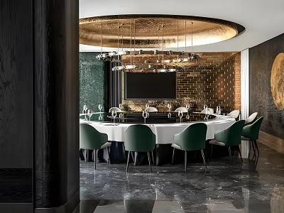 Elegant Private Dining Room Interior With Round Table Green Chairs Chandelier And TV Screen 3d model