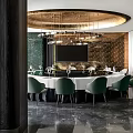 Elegant Private Dining Room Interior With Round Table Green Chairs Chandelier And TV Screen