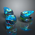Blue Sports Helmets With Colorful Patterns And Reflective Modern Design