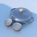 Gas Stove With White Pot Wooden Lid And Small Bowl On Black Glass Top