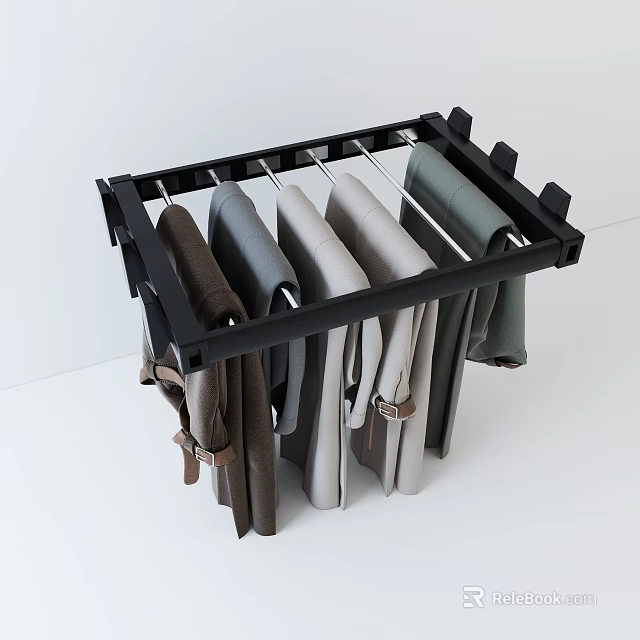 Black Wall Mounted Clothes Hanger With Metal Rods Holding Dark And Light Colored Pants 3d model 