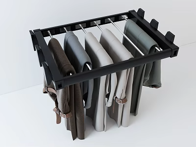 Black Wall Mounted Clothes Hanger With Metal Rods Holding Dark And Light Colored Pants 3d model
