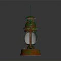 Vintage Rustic Lantern With Red Green Metal Frame And Glass Panels