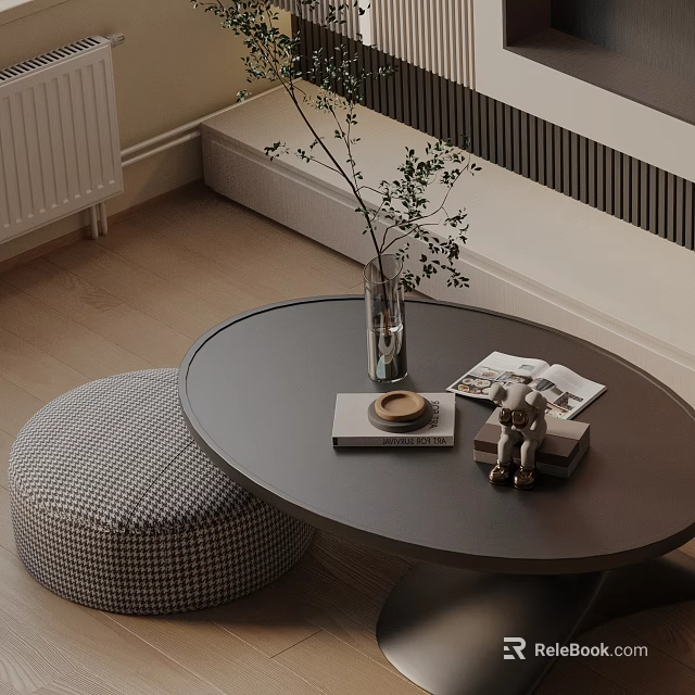 Modern Sofa and Coffee Table Set with Round Table Vase Plants Books and Checkered Ottoman 3d model 
