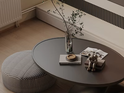 Modern Sofa and Coffee Table Set with Round Table Vase Plants Books and Checkered Ottoman 3d model
