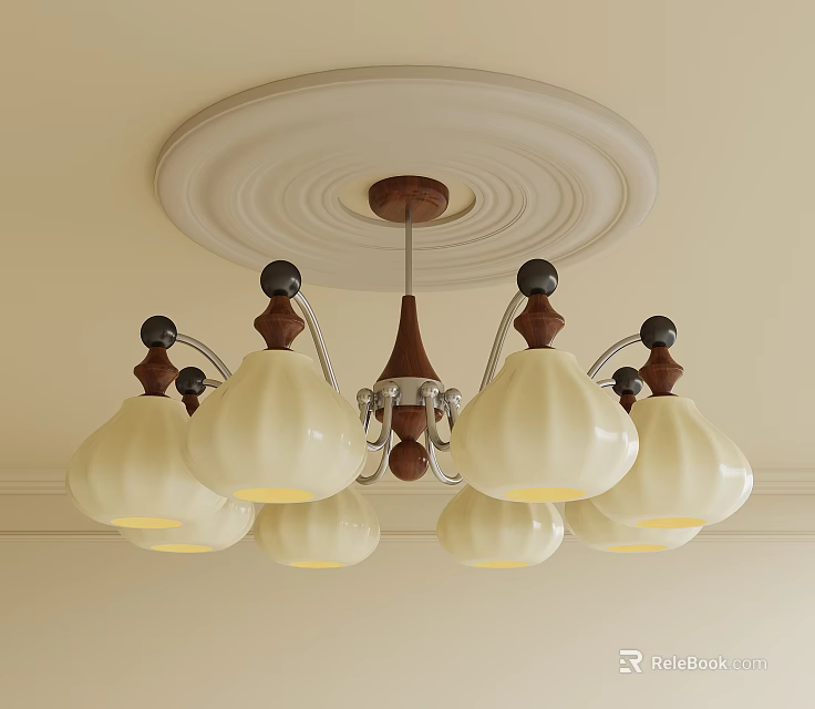Elegant Hanging Multiple White Lamp Shades Chandelier with Circular Ceiling Medallion Wooden Metal Elements 3d model 