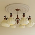 Elegant Hanging Multiple White Lamp Shades Chandelier with Circular Ceiling Medallion Wooden Metal Elements
