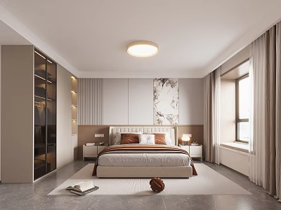 Modern Bedroom Interior Design With Double Bed Glass Door Wardrobe Ceiling Light And Decorative Artwork 3d model