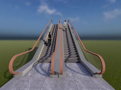 Modern Escalator Structure With People Moving On Grass Field And Blue Sky 3d model