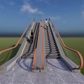 Modern Escalator Structure With People Moving On Grass Field And Blue Sky 3d model