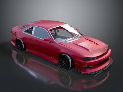 Red Modified Sports Car With Low Stance Black Wheels And Hood Vents 3d model