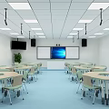 Spacious Modern School Classroom With Tables Chairs Smartboard And Lighting 3d model