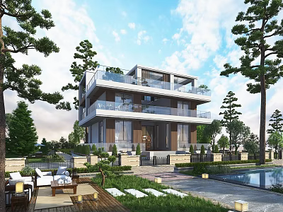 Modern Detached Villa Featuring Multi Storey Balconies Lush Greenery Swimming Pool And Outdoor Lounge Area 3d model