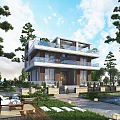 Modern Detached Villa Featuring Multi Storey Balconies Lush Greenery Swimming Pool And Outdoor Lounge Area