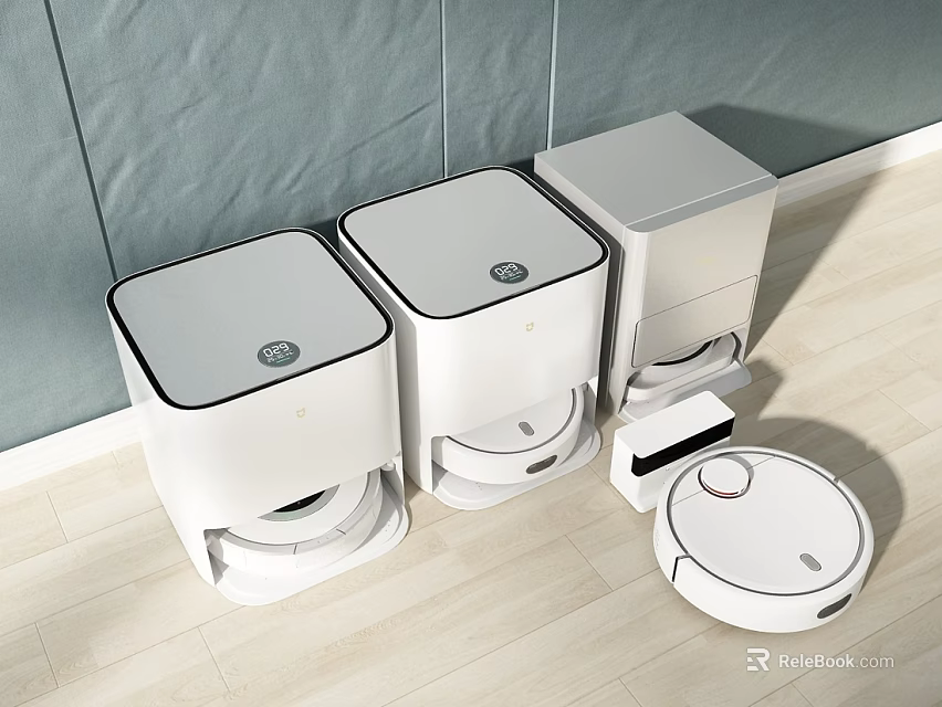 White Industrial Cleaning Equipment Featuring Robotic Vacuum Cleaner And Three Square Charging Stations 3d model 