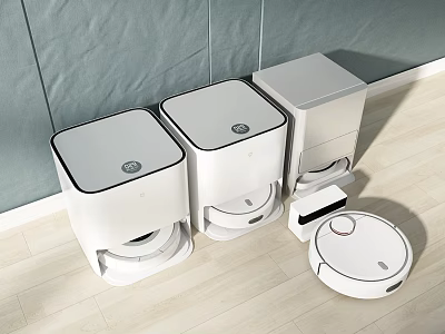 White Industrial Cleaning Equipment Featuring Robotic Vacuum Cleaner And Three Square Charging Stations 3d model