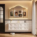 Elegant Bathroom Cabinet with Carved Design Gold Frame Mirror and Framed Artworks on Tile Wall