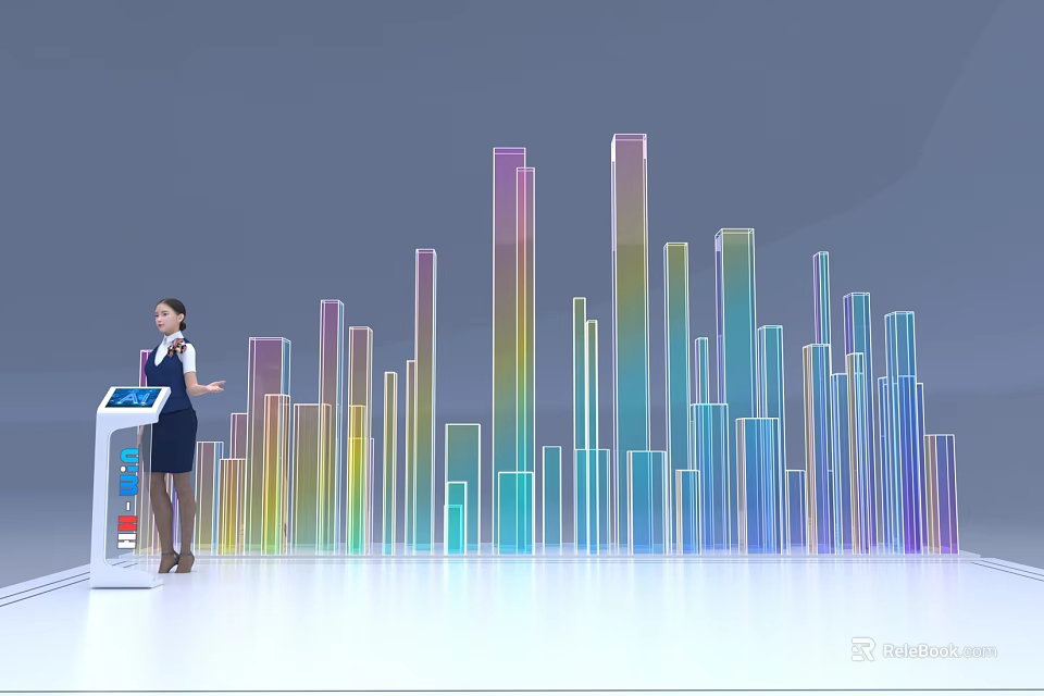 Professional Presenter Standing By Interactive Kiosk With Colorful Gradient Bar Charts 3d model 