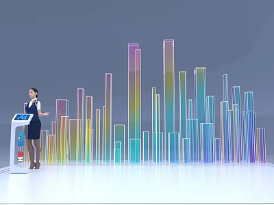 Professional Presenter Standing By Interactive Kiosk With Colorful Gradient Bar Charts 3d model