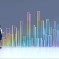 Professional Presenter Standing By Interactive Kiosk With Colorful Gradient Bar Charts