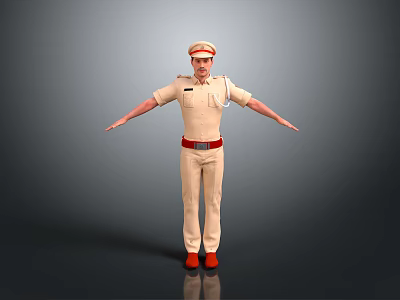 Game Movie Character In Beige Uniform With Hat Red Belt And Red Shoes Arms Outstretched 3d model