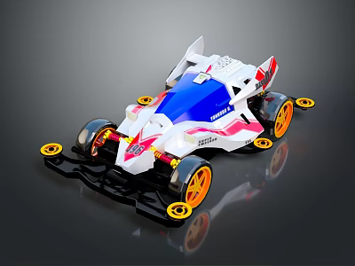 White Toy Racing Car With Blue Pink Accents And Orange Wheels On Reflective Surface 3d model
