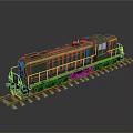 Green Locomotive With Yellow Stripes And Red Bottom On Railway Tracks Gray Background Reflection