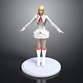 Woman With Blonde Hair In White Dress And Red Bow Tie Standing On White Base