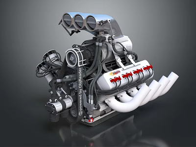 High Performance Engine With Multiple Air Intakes And White Exhaust Pipes 3d model