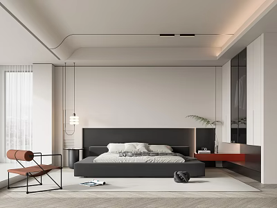 Modern Bedroom Interior Design With Black Headboard Bed Pillows Accent Chair And Pendant Lights 3d model