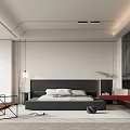 Modern Bedroom Interior Design With Black Headboard Bed Pillows Accent Chair And Pendant Lights