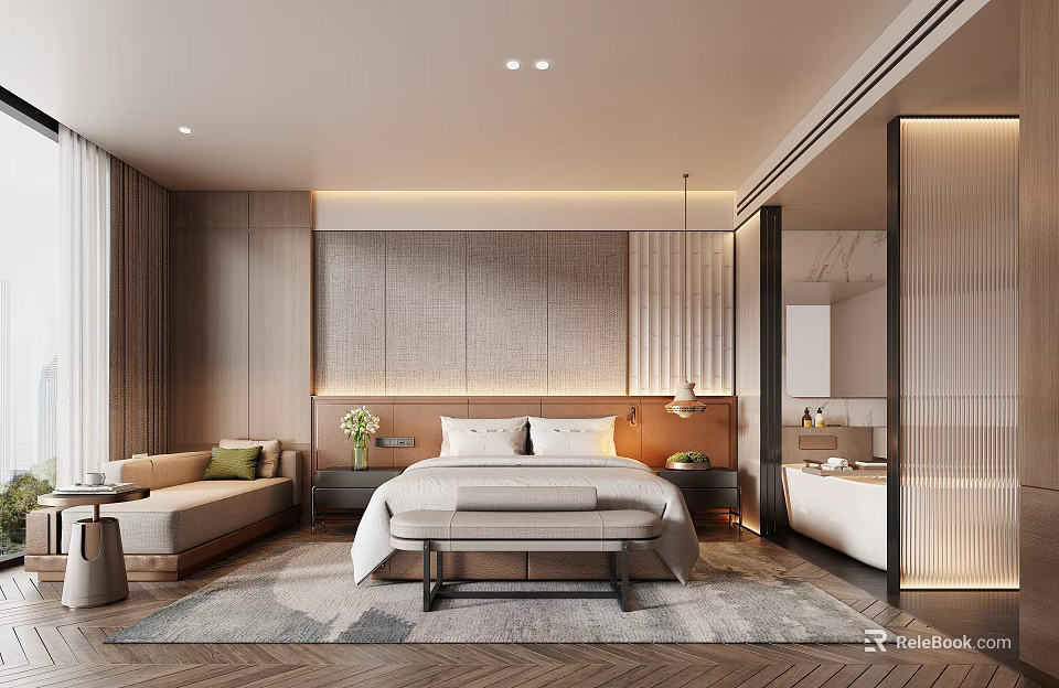 Modern Hotel Guest Room With King Size Bed Sofa Herringbone Rug And Wooden Accent Wall 3d model 