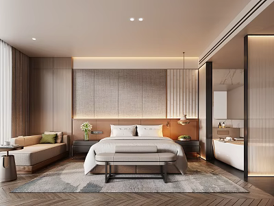 Modern Hotel Guest Room With King Size Bed Sofa Herringbone Rug And Wooden Accent Wall 3d model