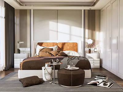 Elegant Modern Bedroom Interior With Brown Headboard White Wardrobes And Striped Rug 3d model