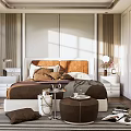 Elegant Modern Bedroom Interior With Brown Headboard White Wardrobes And Striped Rug