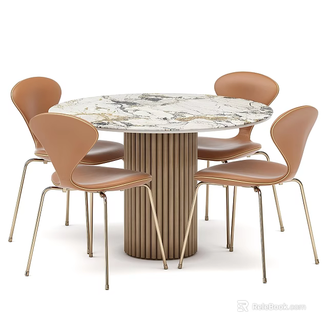 Modern Round Dining Table Set With Marble Top Fluted Base And Four Brown Leather Chairs 3d model