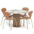 Modern Round Dining Table Set With Marble Top Fluted Base And Four Brown Leather Chairs 3d model