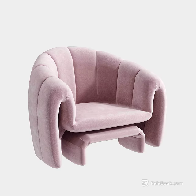 Pink Velvet Single Sofa Modern Curved Armrests Backrest And Matching Footstool 3d model 