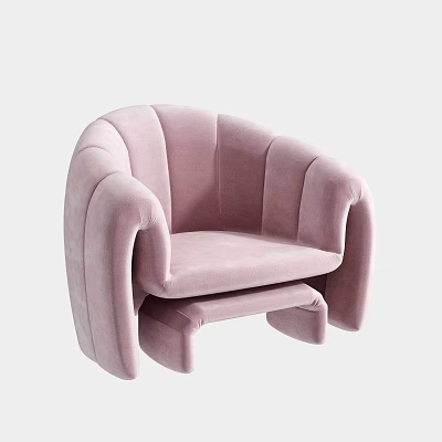 Pink Velvet Single Sofa Modern Curved Armrests Backrest And Matching Footstool 3d model
