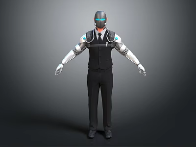 Futuristic Robot Character Standing With Metallic Arms Black Vest And Blue Glowing Accents 3d model