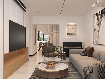 Modern Minimalist Living And Dining Room With TV Stand Sofa Round Coffee Table And Piano 3d model