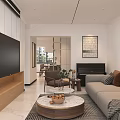 Modern Minimalist Living And Dining Room With TV Stand Sofa Round Coffee Table And Piano